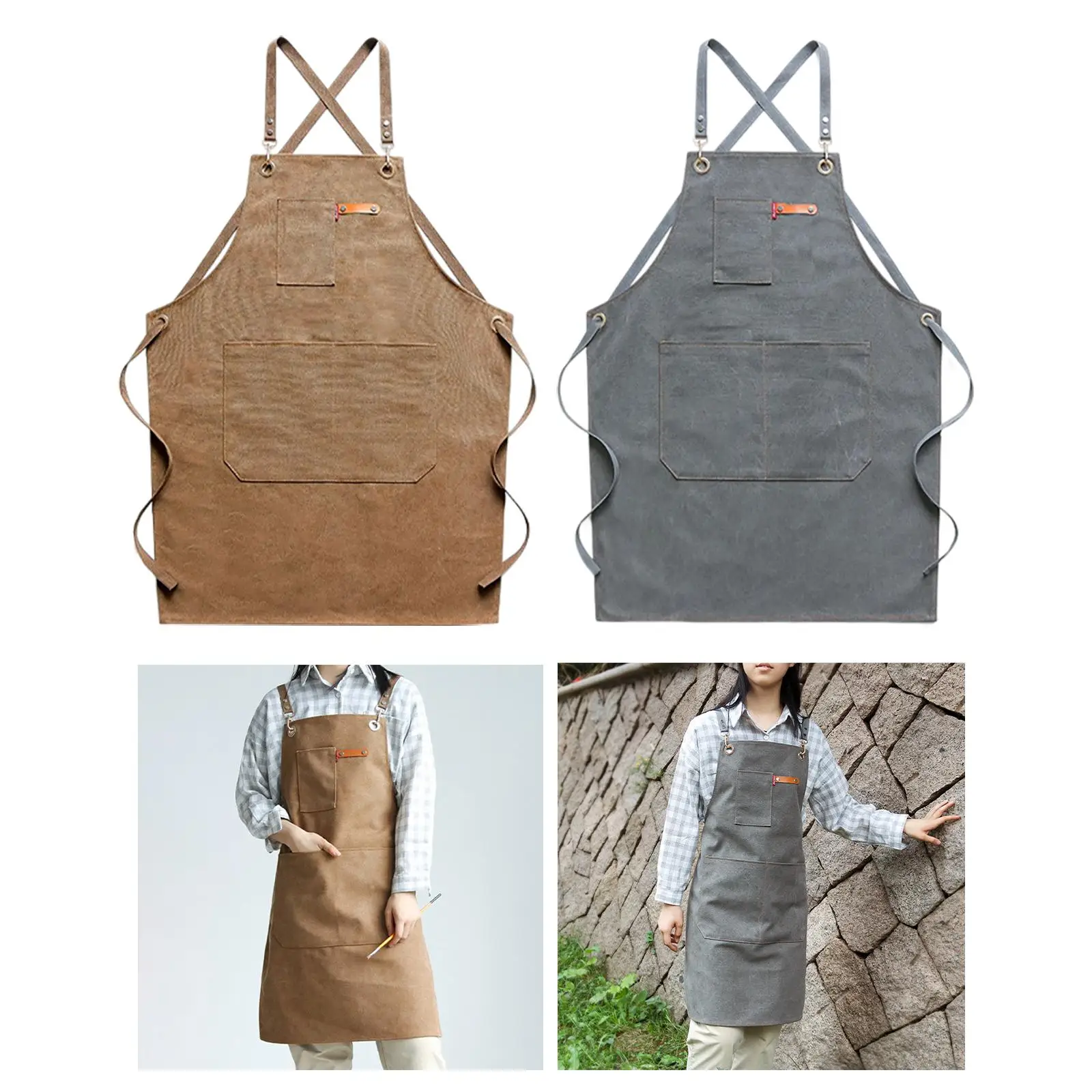 

Cross Back Barber Apron Cape with Pockets Adjustable Canvas Kitchen Apron