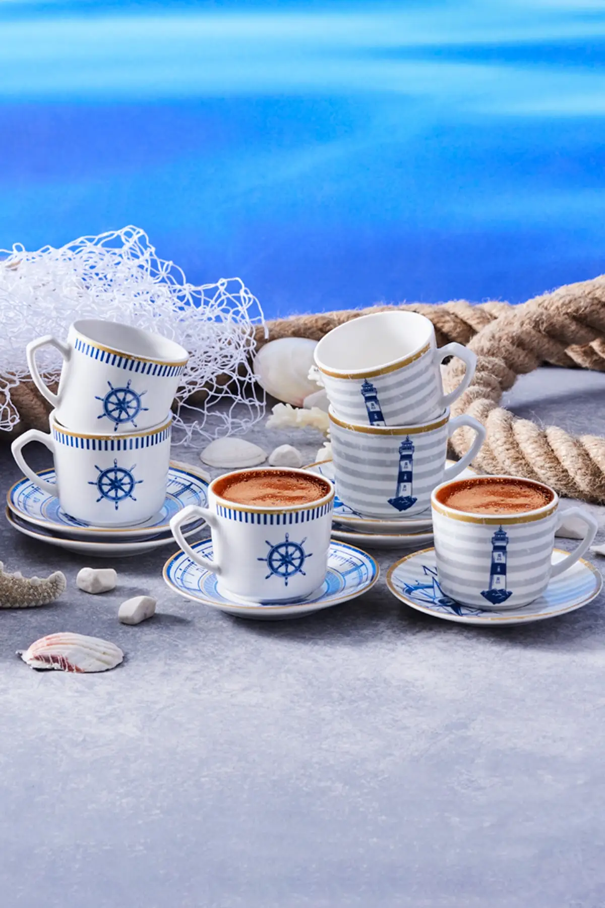 

Marine Patterned Set of 6 Coffee Cups Turkish Style Special Design Gift Porcelain Coffee Cup Set