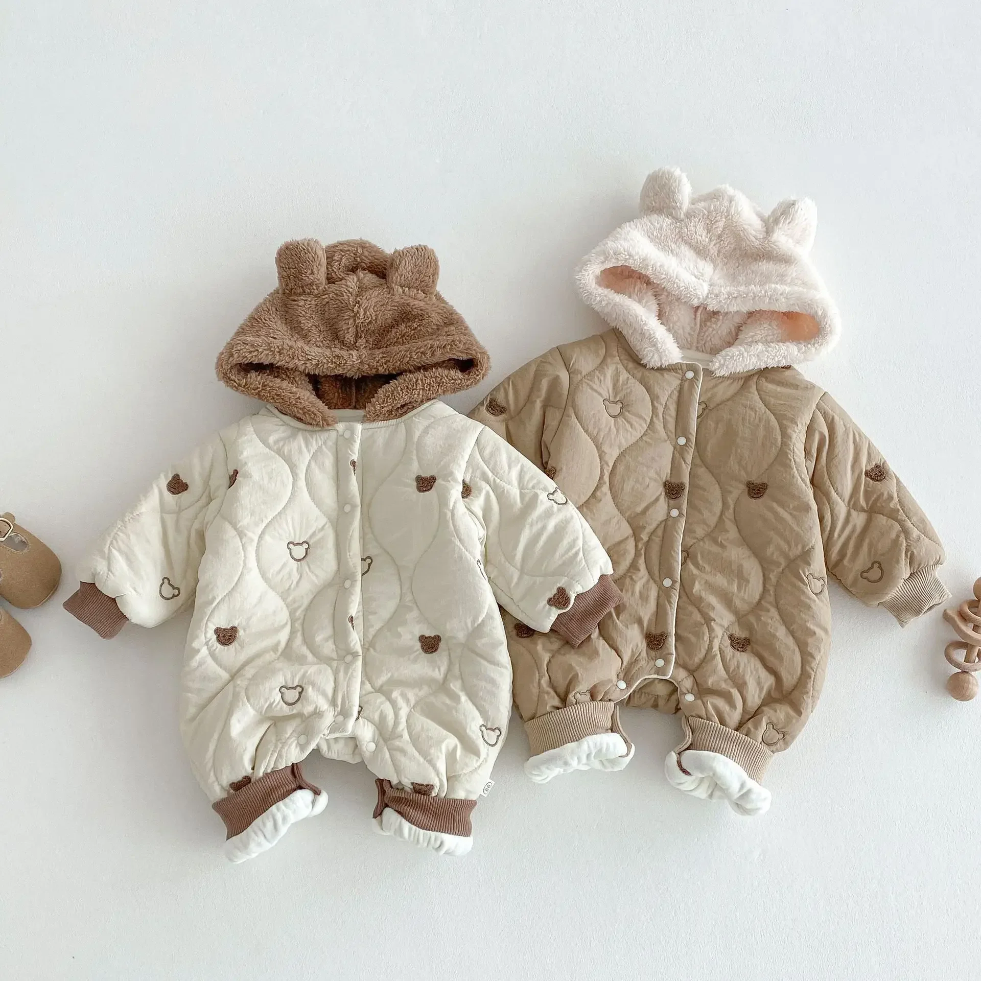 2024 Winter New in Kids Baby Boys Girls Thicken Plush Warm Outfits , Toddler Infant Cartoon Bear Jumpsuits Hooded Romper 0-24M