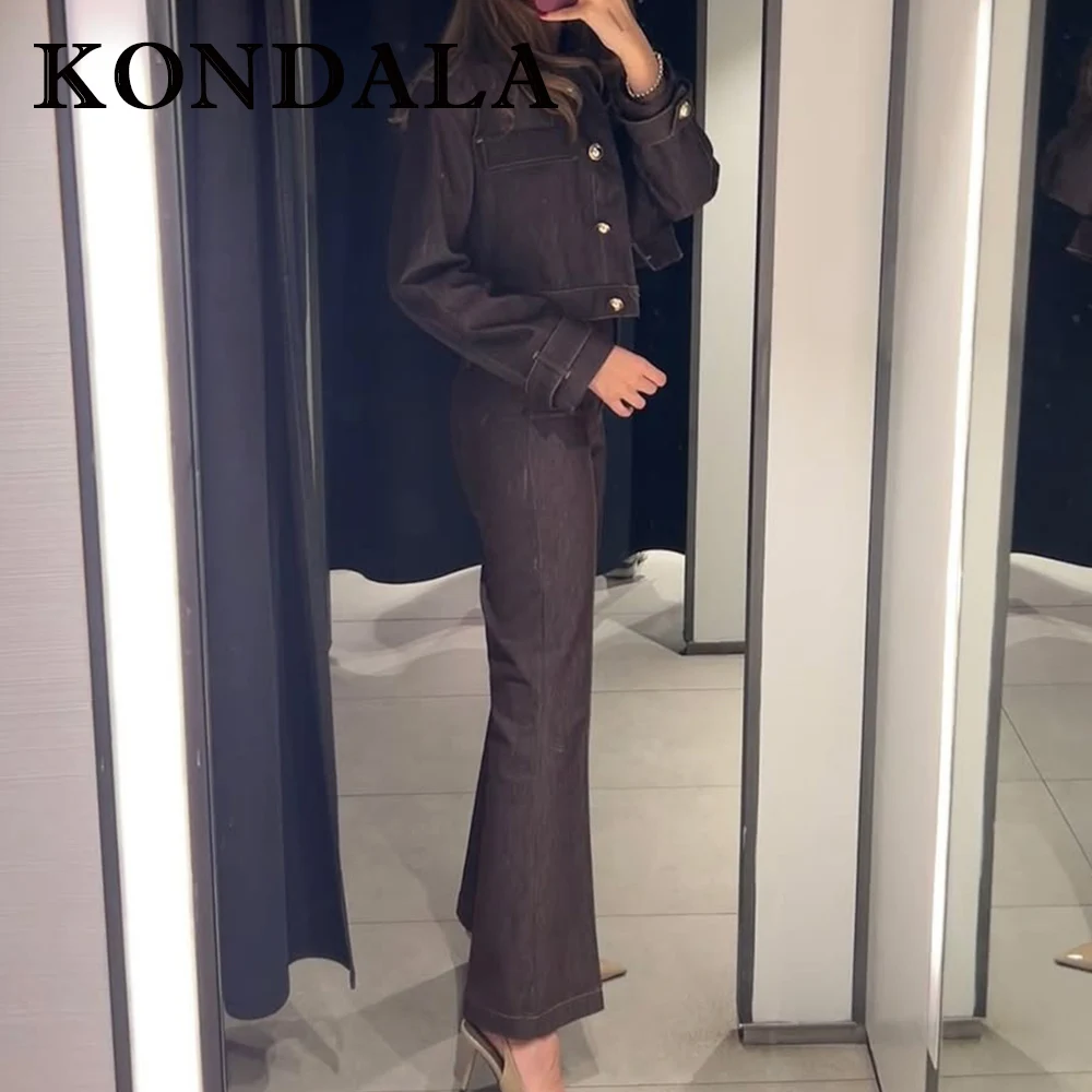 KONDALA Elegancki brązowy zestaw streetwearowy damski: krótka kurtka na guziki + modne spodnie z rozszerzanymi nogawkami, styl 2025