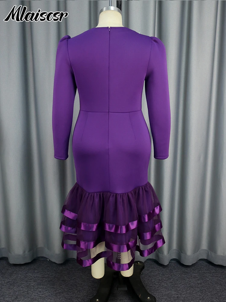 Mlaiscsr Elegant Purple Long Sleeve Mermaid Dresses O Neck Pearl Tierred Bodycon Weddingd Guest Evening Birthday Cocktail Party