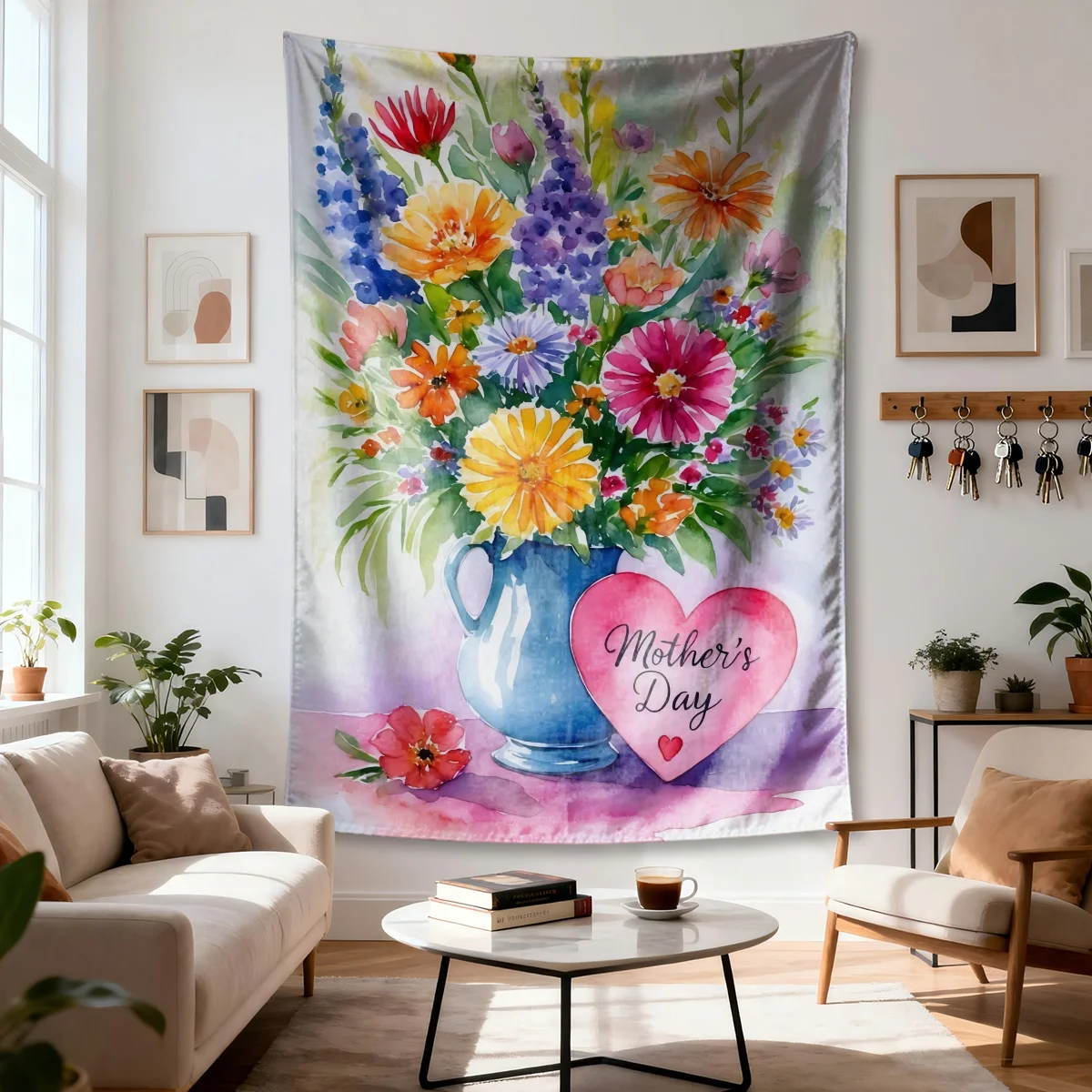 Mother's Day Tapestry, Watercolor Floral Bouquet Wall Hanging, Colorful Flower Vase Decor Heart Gift for Mom Festival Room Decor
