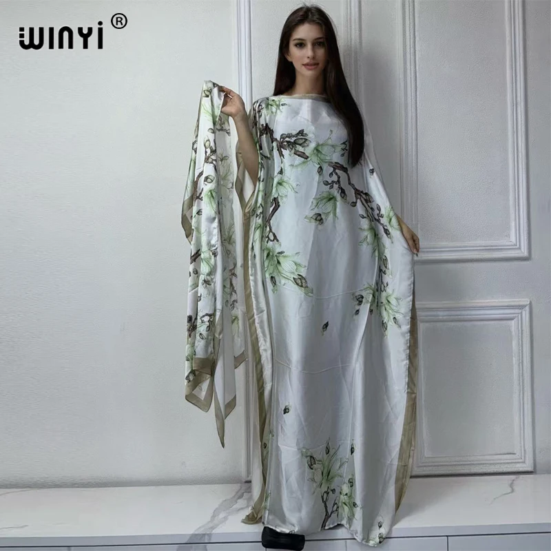 WINYI beach Africa summer kaftan with belt Women boho print Caftan Elegant Holiday summer Maxi silk feeling Bohemian party dress