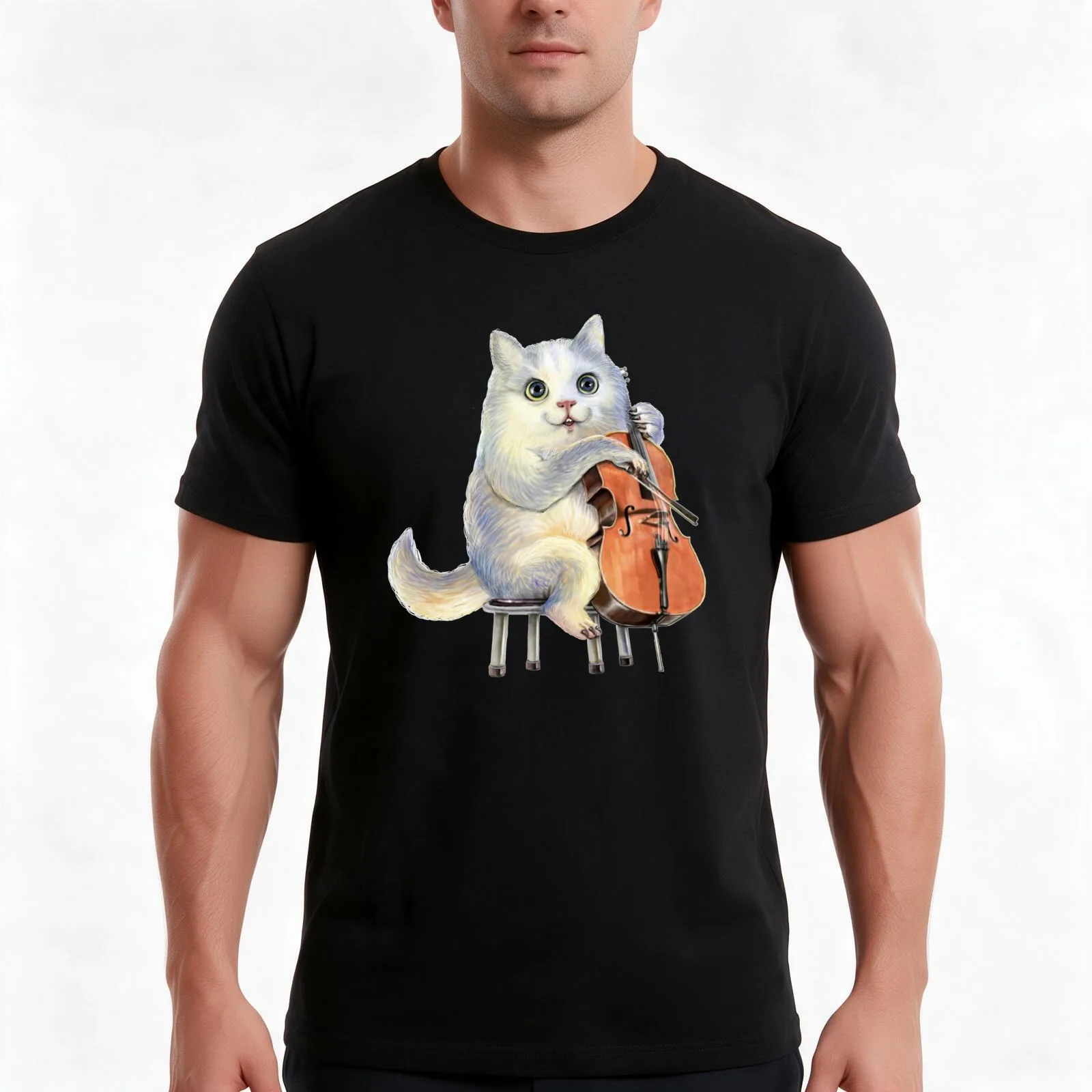 A cute cat playing the cello. T-Shirt Summer Casual Cotton Tee Oversized Streetwear Tops Vintage Graphic Print 100% Cotton