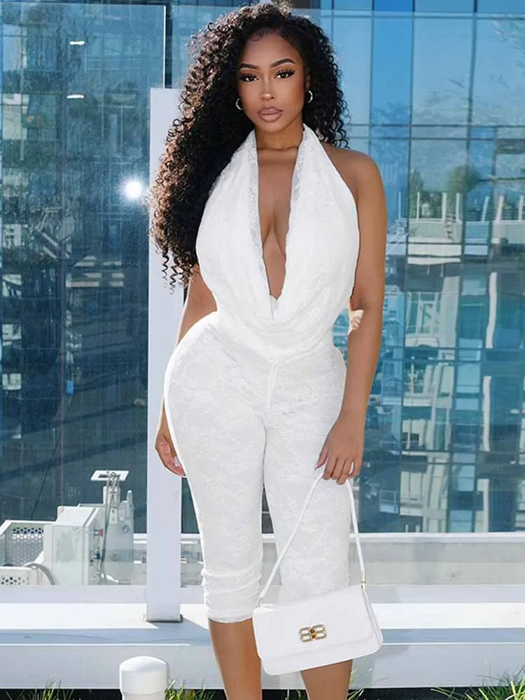 

BKQU сексуальные кружевные комбинезоны с распашным воротником, женские узкие капри с лямкой на шнуровке и открытой спиной, повседневные комбинезоны Y2k Midnight Club