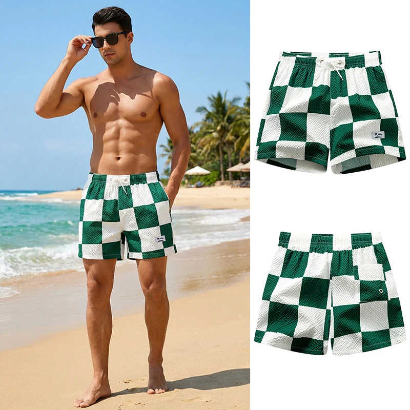 

Мужские пляжные шорты с клетчатым принтом и текстурной поверхностью, с сетчатой подкладкой, летние повседневные стильные шорты для плавания, пляжная одежда, купальник