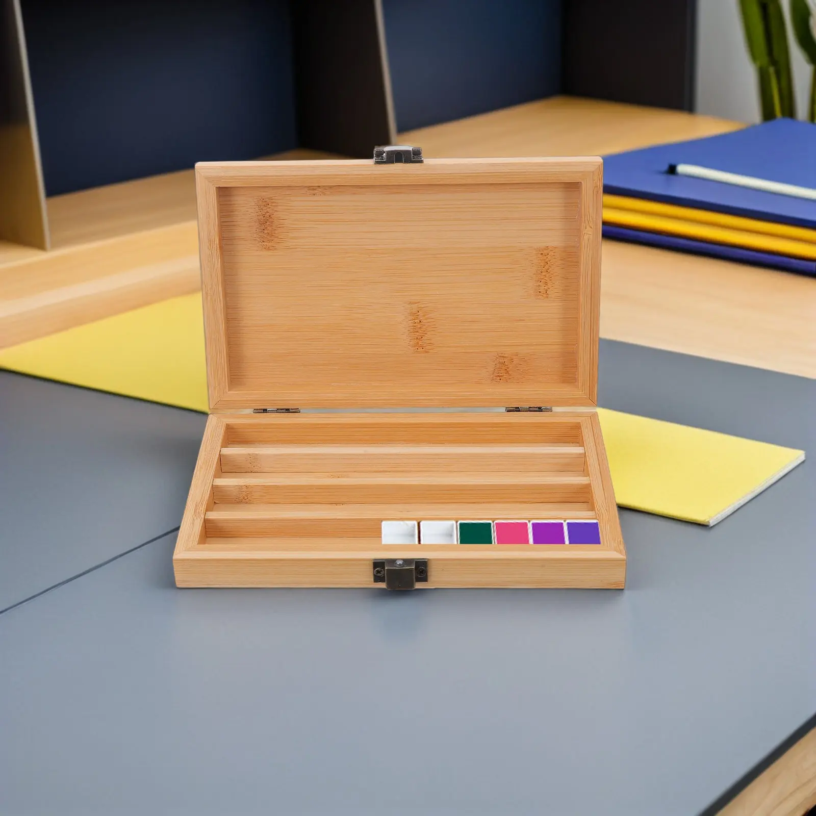 

Empty Palette Watercolor Bamboo Box Hinged Lid Multi-Compartment Travel Palette Pan 6.48x4.32x1.06in Portable Paint Mixing