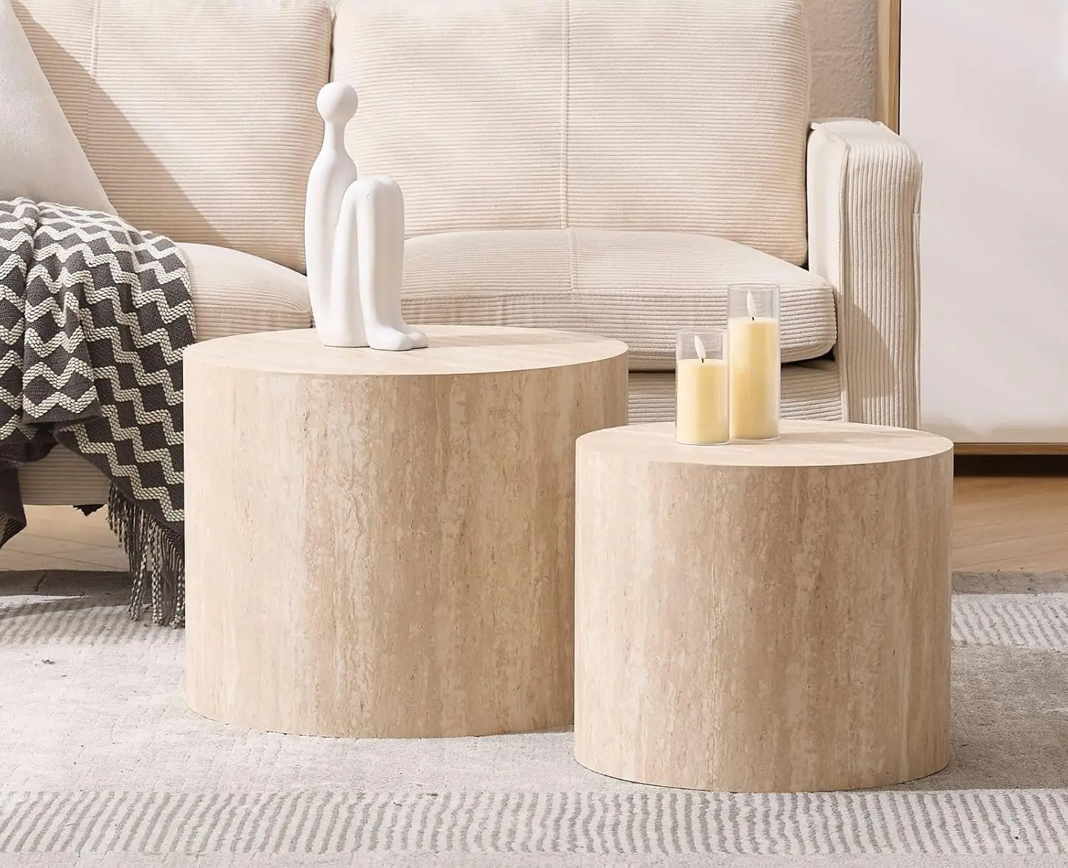 Round Wood Nesting Coffee Table Set of 2, Modern Circle Travertine End Side Table Sets for Living Room, Light Wooden Colo