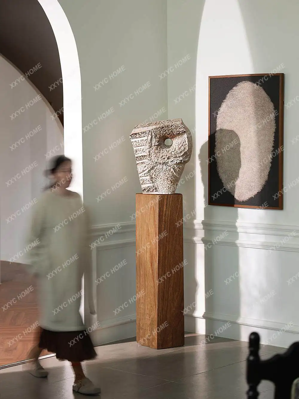 Medieval style sculpture installation, solid wood pier base ornament