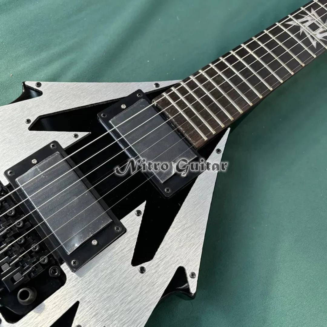 V Shape Solid Body Electric Guitar, Silver Brushed Metal Finish with Black Geometric Cutaway, HH Humbucker Pickups