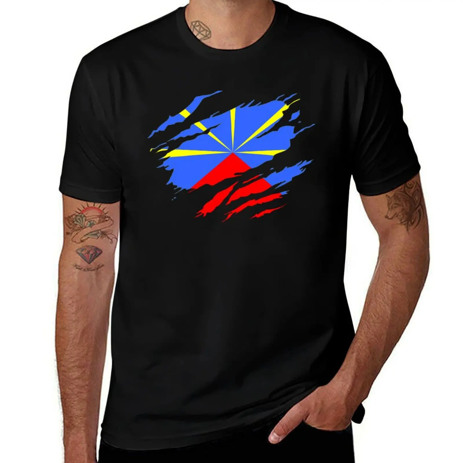 

Reunion flag torn style T-Shirt cotton tshirt 100% man t shirts graphic T-Shirt