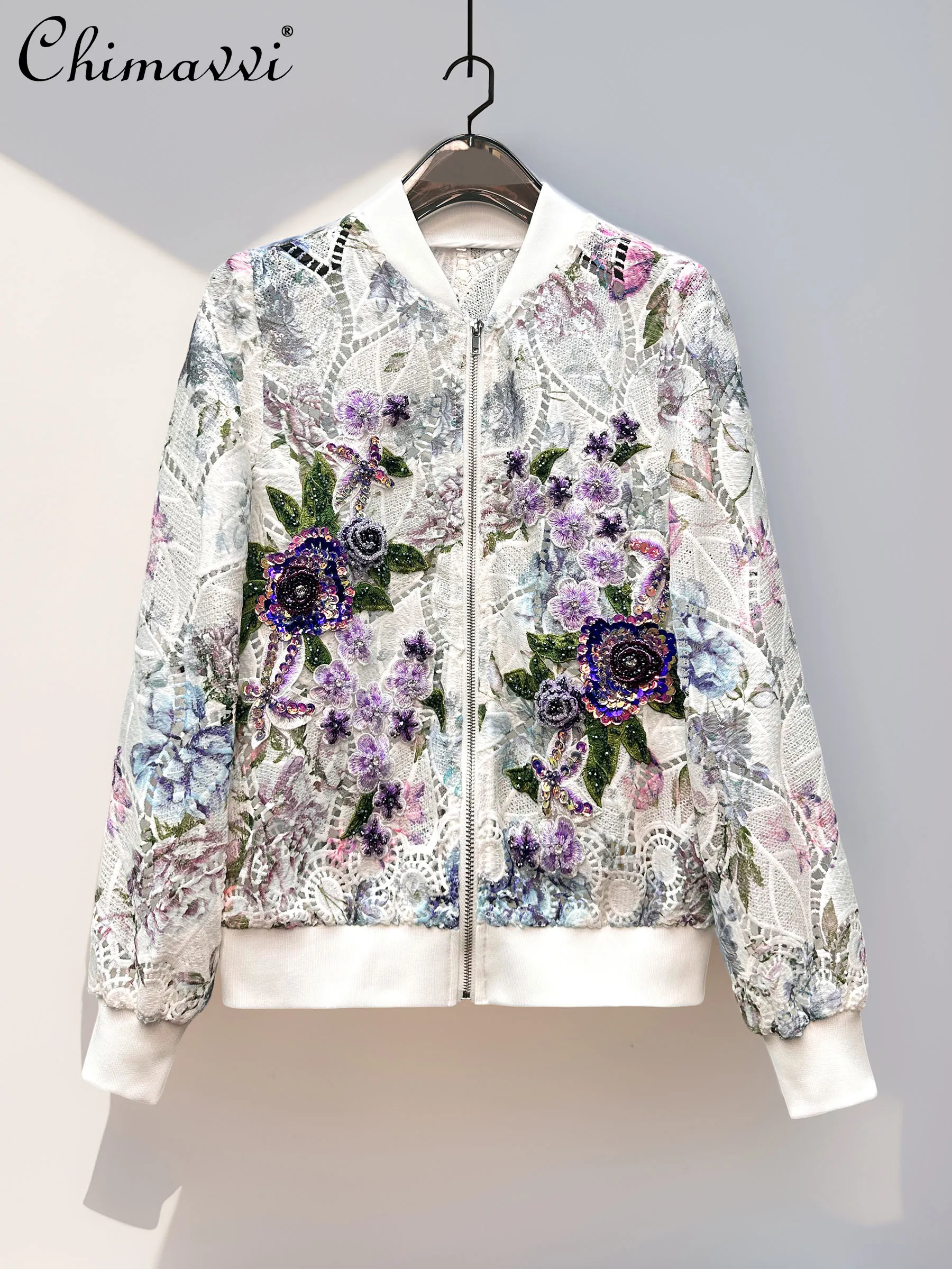 

French Elegant Hollow Lace Embroidery 3D Beaded Sequin Flower Long Sleeve Zipper Versatile Short Jackets Women Autumn Overcoats