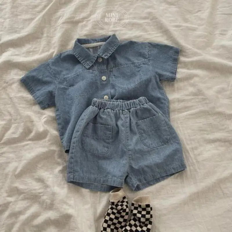 

Cool Denim Set Girl Solid Shirt Short Sleeves Turn-down Collar T-shirt And Short Jeans Children Boys Fashion High Quality Suit