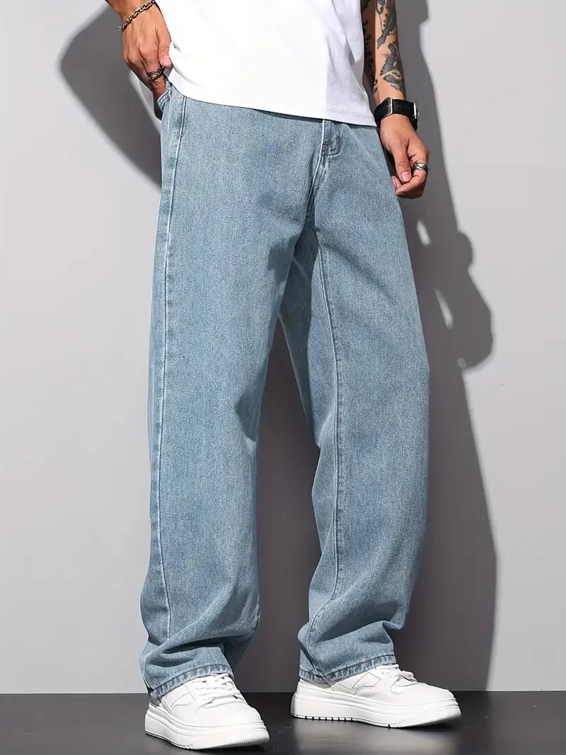 

Мужские прямые джинсы Голубые потертые мужские городские брюки с мягкой отделкой для современной повседневной одежды