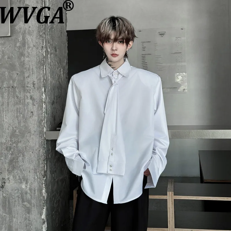

WVGA Autumn New Men Tide Solid Color Tie Decorated Trendy Long Sleeved Shirts Niche Chic Casual Turn-Down Collar Tops Ins W19614