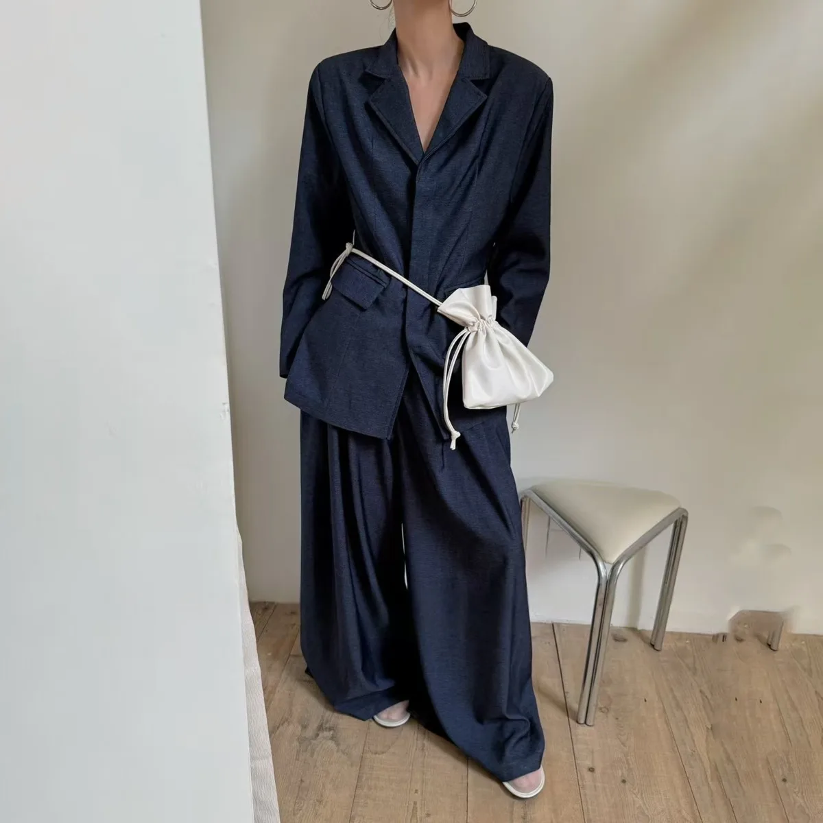 BJTZ Set giacca blazer vestibilità ampia solida per donna 2025 Blazer stile minimalista casual Top + pantaloni dritti a gamba larga Set due pezzi