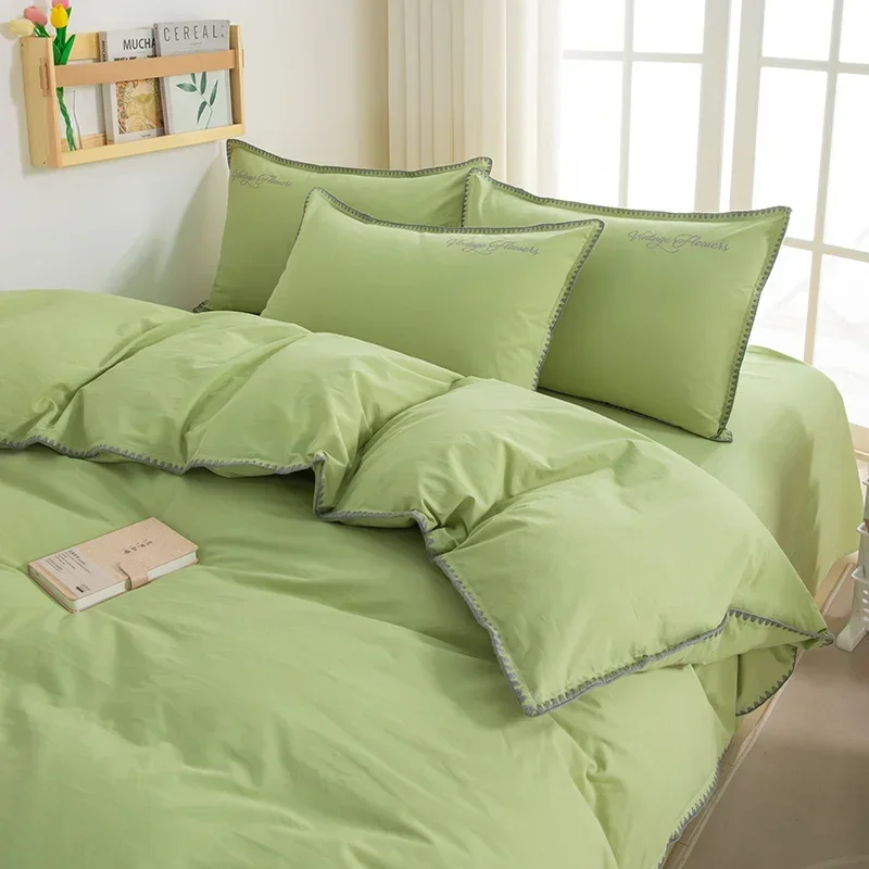 150/180/200CM Green Solid Color Water Wash Cotton Bed Sheet Duvet Cover Pillowcase Four-piece Spring Autumn Bedding Set M063-3