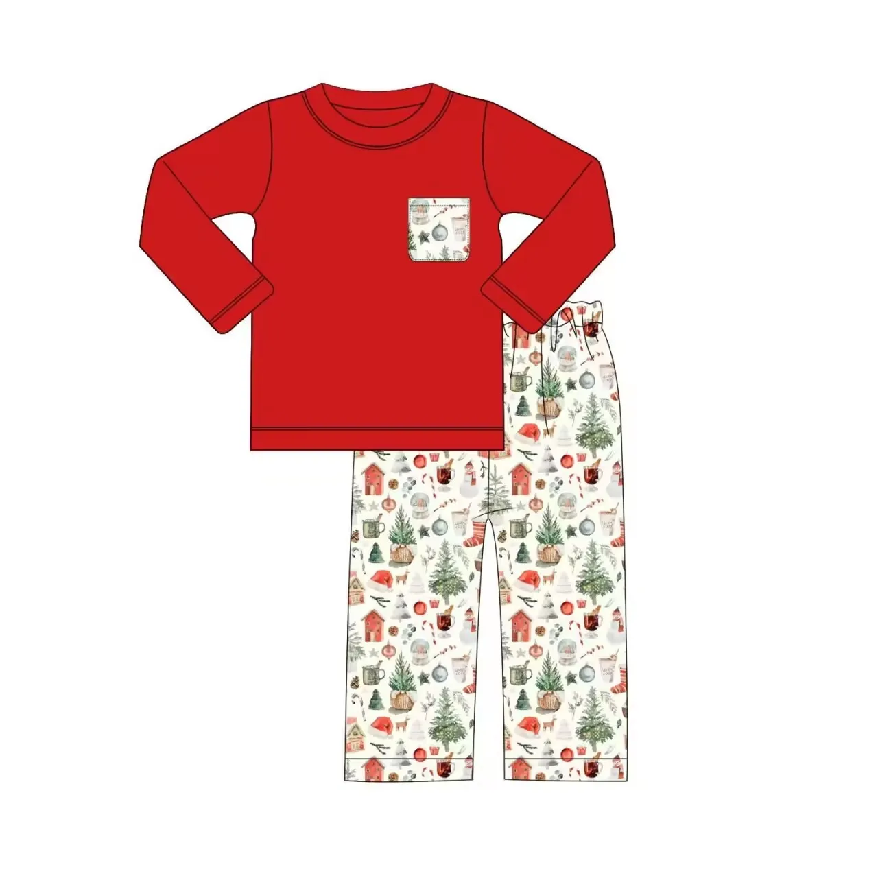 

Boys Autumn Christmas Red Long Sleeve Pocket Decorated Top Printed Pants Boutique Set