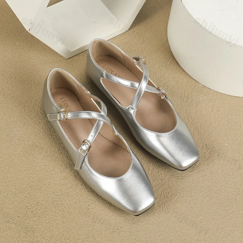 Low Heeled Mary Jane Single Shoes 2025 Women Shoes Retro Shallow Ballet Shoes Cross Buckle Shallow Soft Sole Flats Plus Size 44