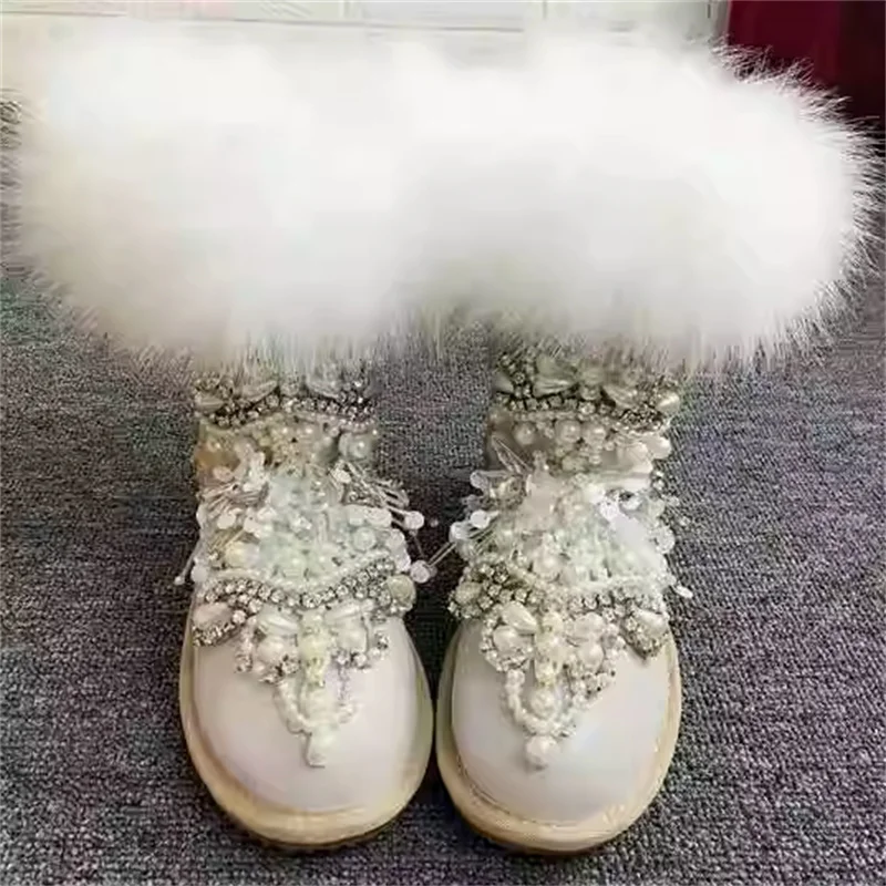 Super fox hair pearl jeweled fringed sequin fur luxury snow boots handmade custom mid-tube white cotton boots 35-42