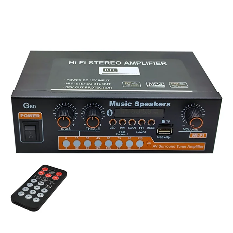 

Классический домашний усилитель мощности Classic-G60 с Bluetooth, поддержкой сабвуфера, FM-радио и воспроизведением через USB, идеально подходит для домашнего кинотеатра и аудиосистем.