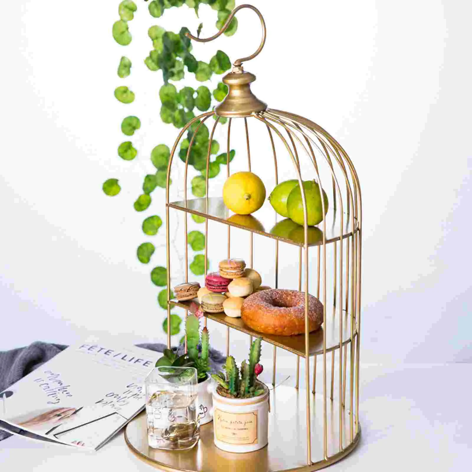 25 Cm Cupcake Holder Golden Serving Stand Fruit Cakes Display Bird Cage with Three Trays Desserts Iron
