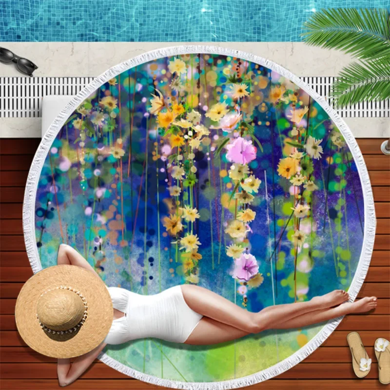 

Большое круглое красочное пляжное полотенце с цветочным принтом, диаметр 3D-принта, одеяло из микрофибры с кисточкой и бахромой, коврик для йоги для взрослых