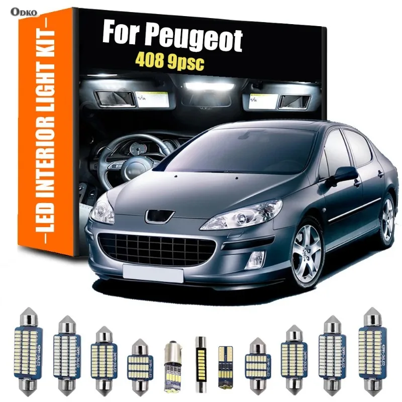 

Для Peugeot 408 9 шт. светодиодный внутренний светильник для чтения, комплект ламп для багажника, хэтчбек, седан, сигнальная лампа, автомобильные фонари