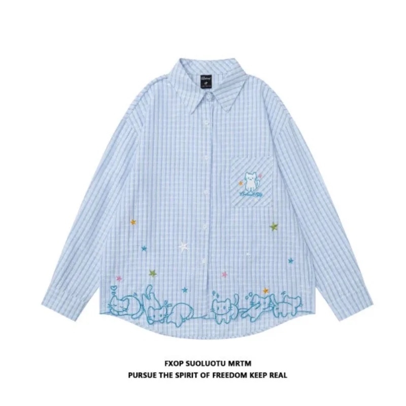 Women Sweet Lazy Style Plaid Shirt Cute Cat Embroidery Long Sleeve Loose Casual Blouse Daily Wear