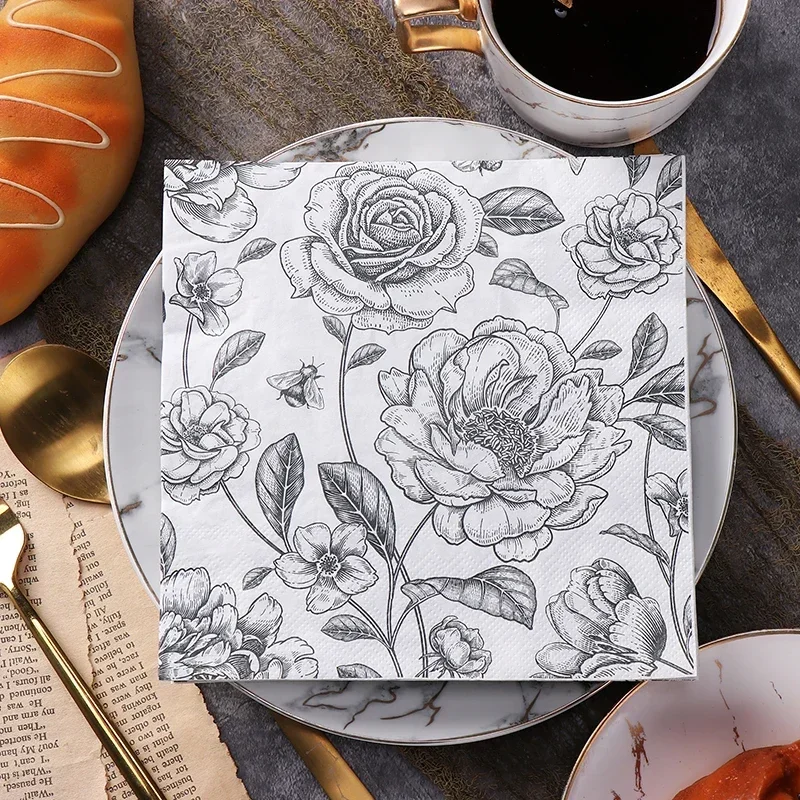 New Black Rose Printed Napkins Black and White Printed Paper Napkins Butterfly Bone Bart Handmade DIY Material Paper 20 Sheets