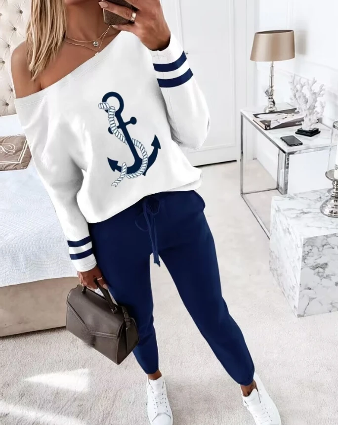 

Women 2PCS Casual Fashion Anchor Print Striped Skew Neck Long Sleeve Tee Top and Stretchy Waistband Drawstring Pants Set