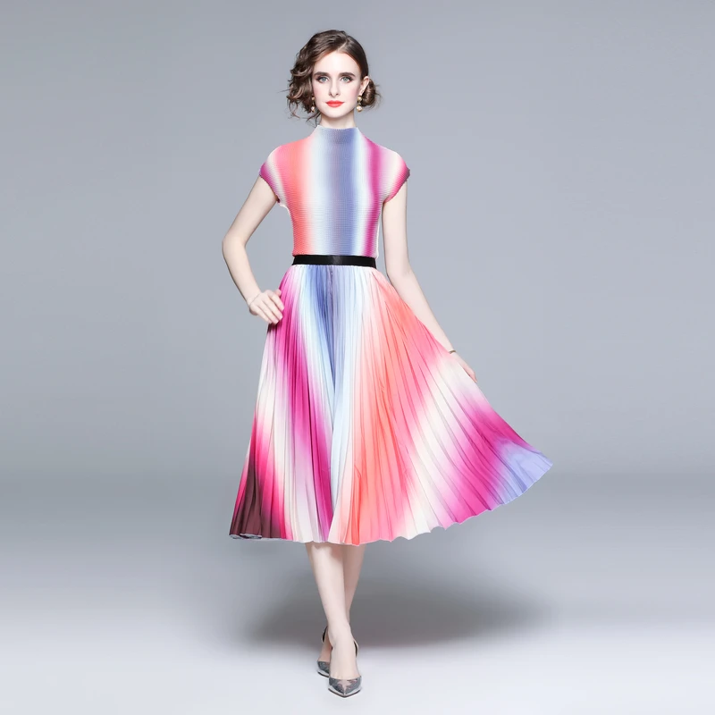 

2023 New Elegant Spring Summer Two Piece Set Women Stand Collar Gradient Color Elastic Tops + High Waist Pleated Midi Skirt Suit