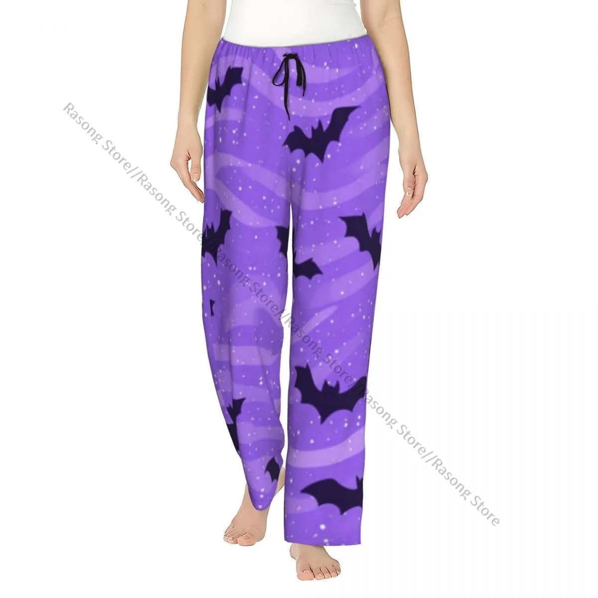 

Cozy Flannel Pajama Pants for Women Whimsical Waves And Scattered Bats Sleep Bottoms Home Loungewear