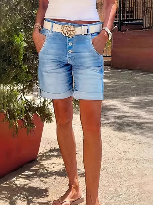 

High Waist Elastic Women's Jeans Spring Summer Fashionable Cuffed Mid-Length Denim Pants Ladies' Spring Summer Trend