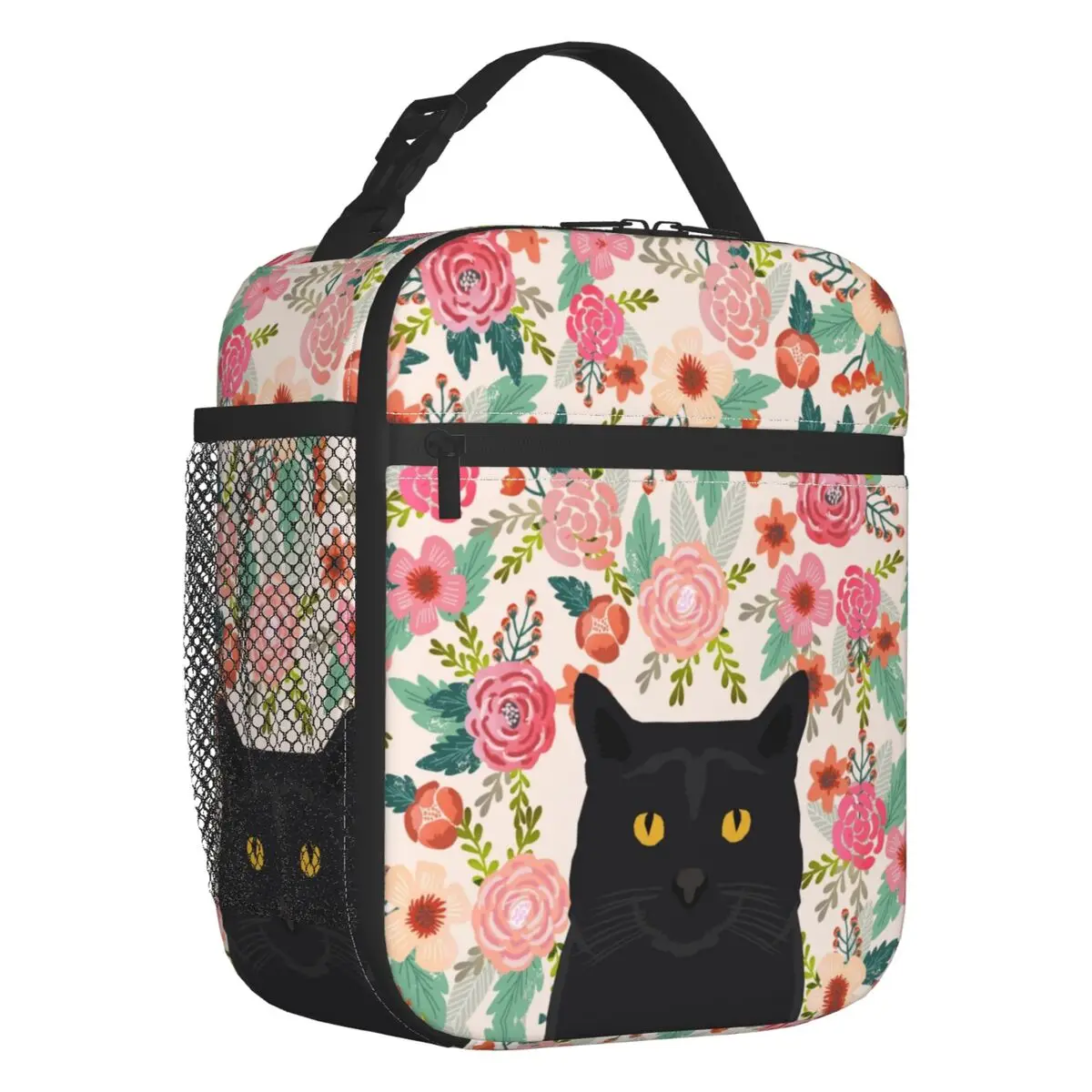 Black Cat Breed motivo floreale Lunch Box sfondo impermeabile Pet Kitten Thermal Cooler Food Insulated Lunch Bag School Student