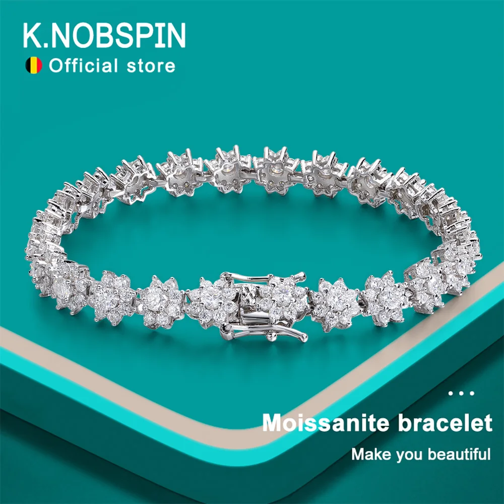 

KNOBSPIN Flower Moissanite Tennis Bracelet Wedding Jewelry 925 Sterling Silver Plated 18k White Gold GRA Bracelets for Women Man