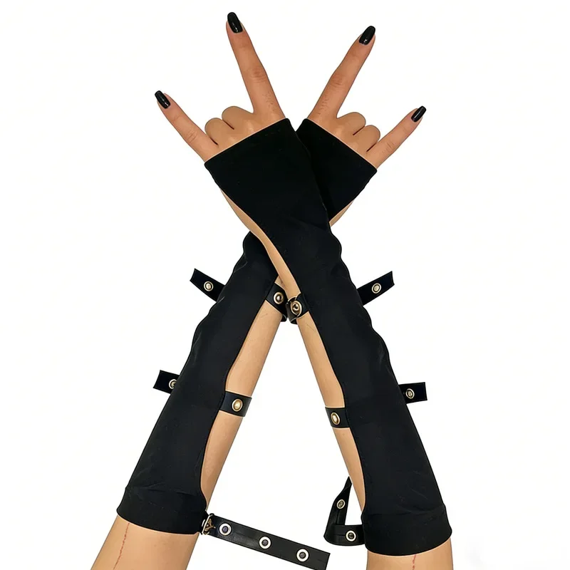 Black Hollow Out Gloves Punk Style Motorcycle Arm Sleeves Women's Gothic Accessory Set