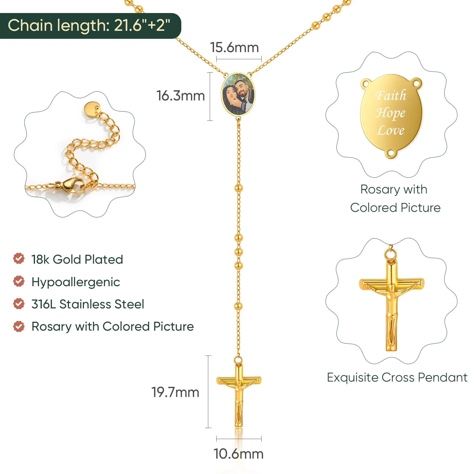 Personalized Picture Rosary Beads Catholic Necklace for Women Crucifix Cross Y Necklace Stainless Steel Chain Rosary Prayer Gift