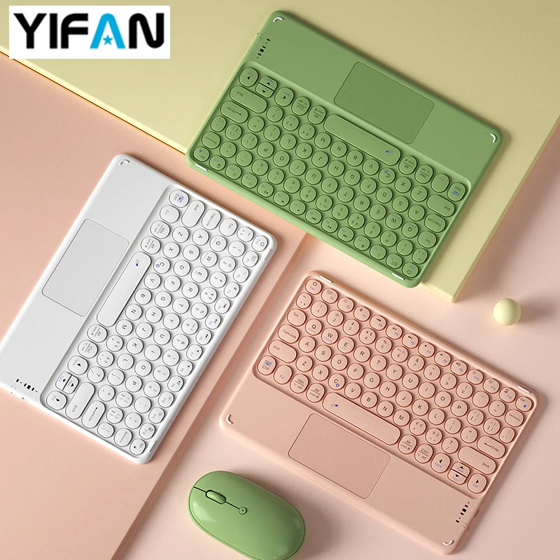 Universal Wireless Keyboard For Tablet,  Rouond Keycap Bluetooth Keyboard Touch Pad Support Android Windows iOS