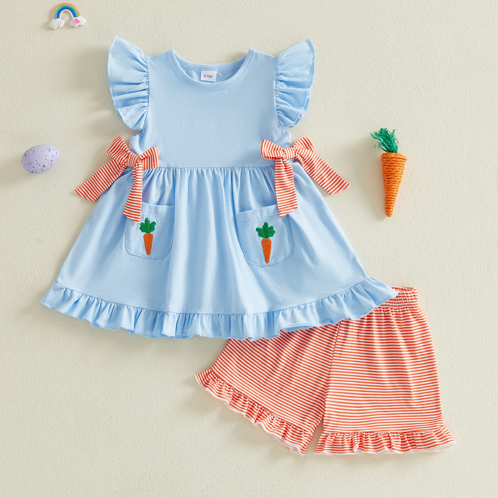 

1-4Years Toddler Girls 2 Piece Easter Outfits Summer Short Sleeve Carrot Embroidery A-line Tops with Striped Shorts Kids Outfits