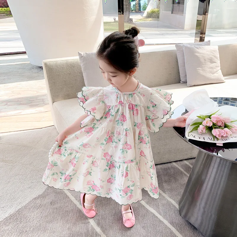 Summer Girls' Dresses French Style Flower Double Layer Big Flying Sleeve Dress Baby Kids Clothing Elegant Novel Princess Dress