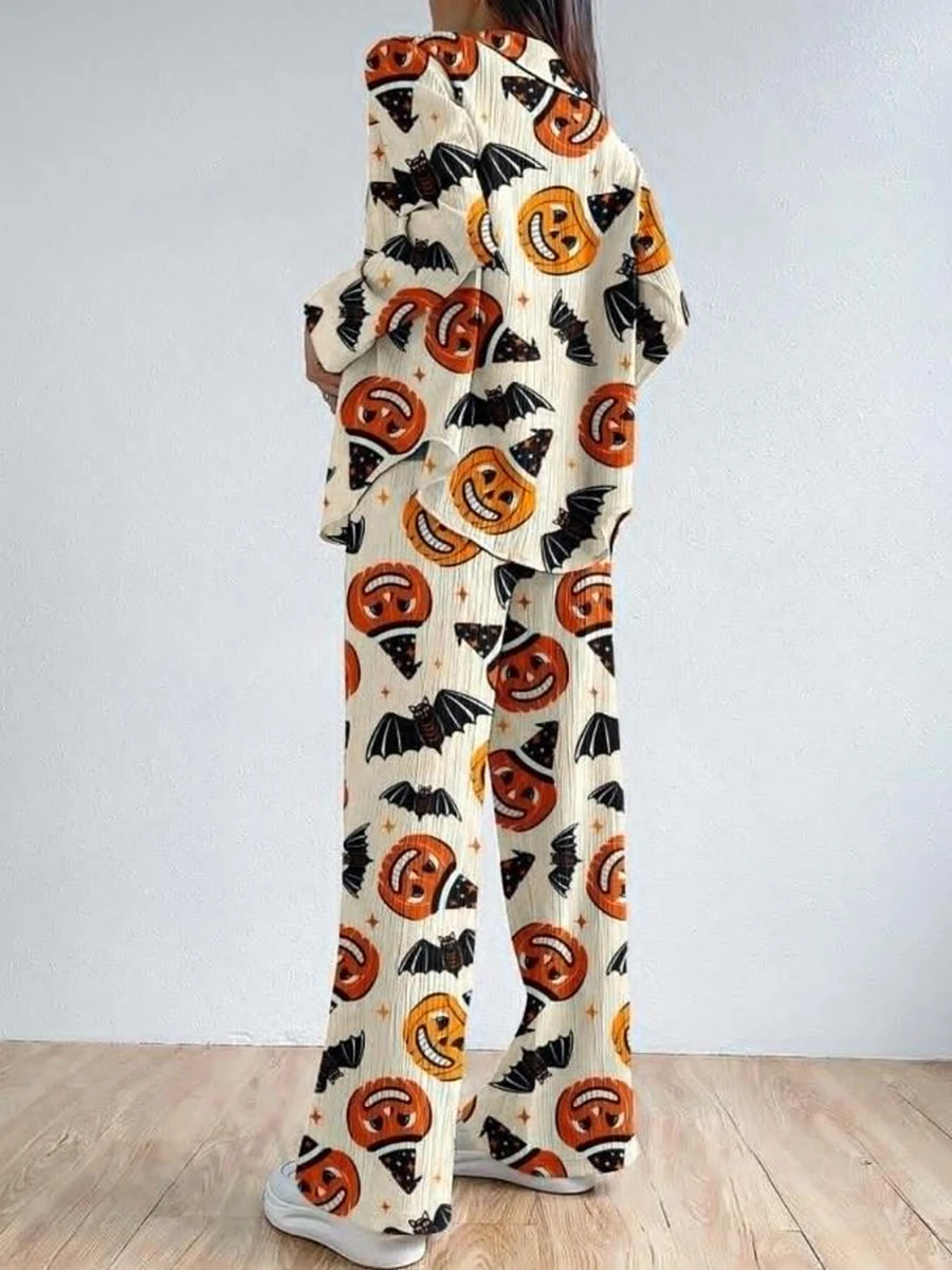 Women s Halloween Pajama Set Ghost Witch Print Long Sleeve Top with Matching Bottoms Sleepwear Loungewear Costume