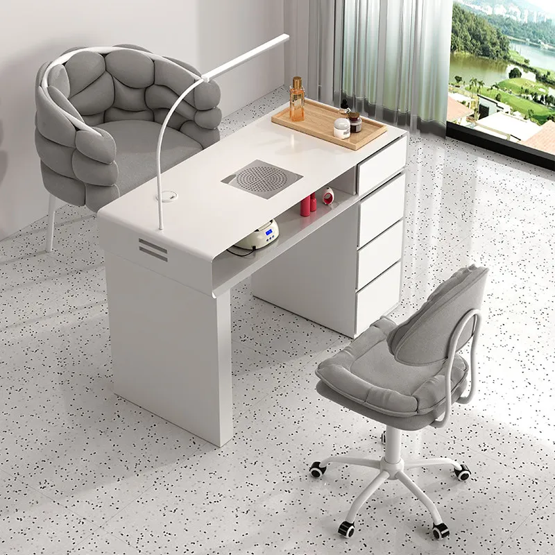Cream Style Light Luxury Manicure Table with Built-in Nail Dust Collector Multi Drawer Storage Nail Workstation for Nail Salon