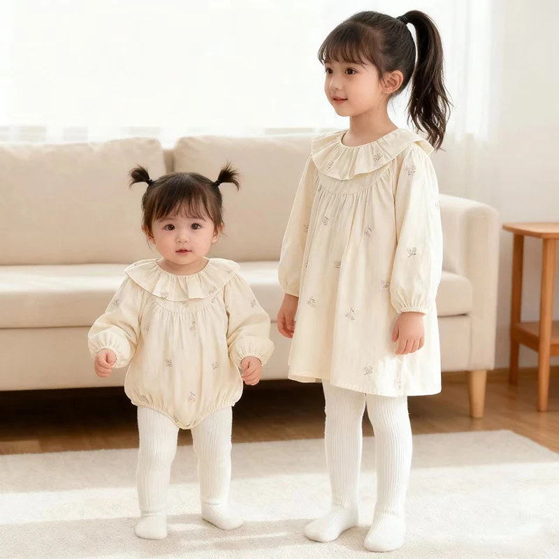 2026 neue Frühjahr Revers Schwester Kleidung 2-6Y Kind Prinzessin Kleid Lange Ärmeln Mädchen Party Kleid 0-24M baby Mädchen Baumwolle Druck Strampler