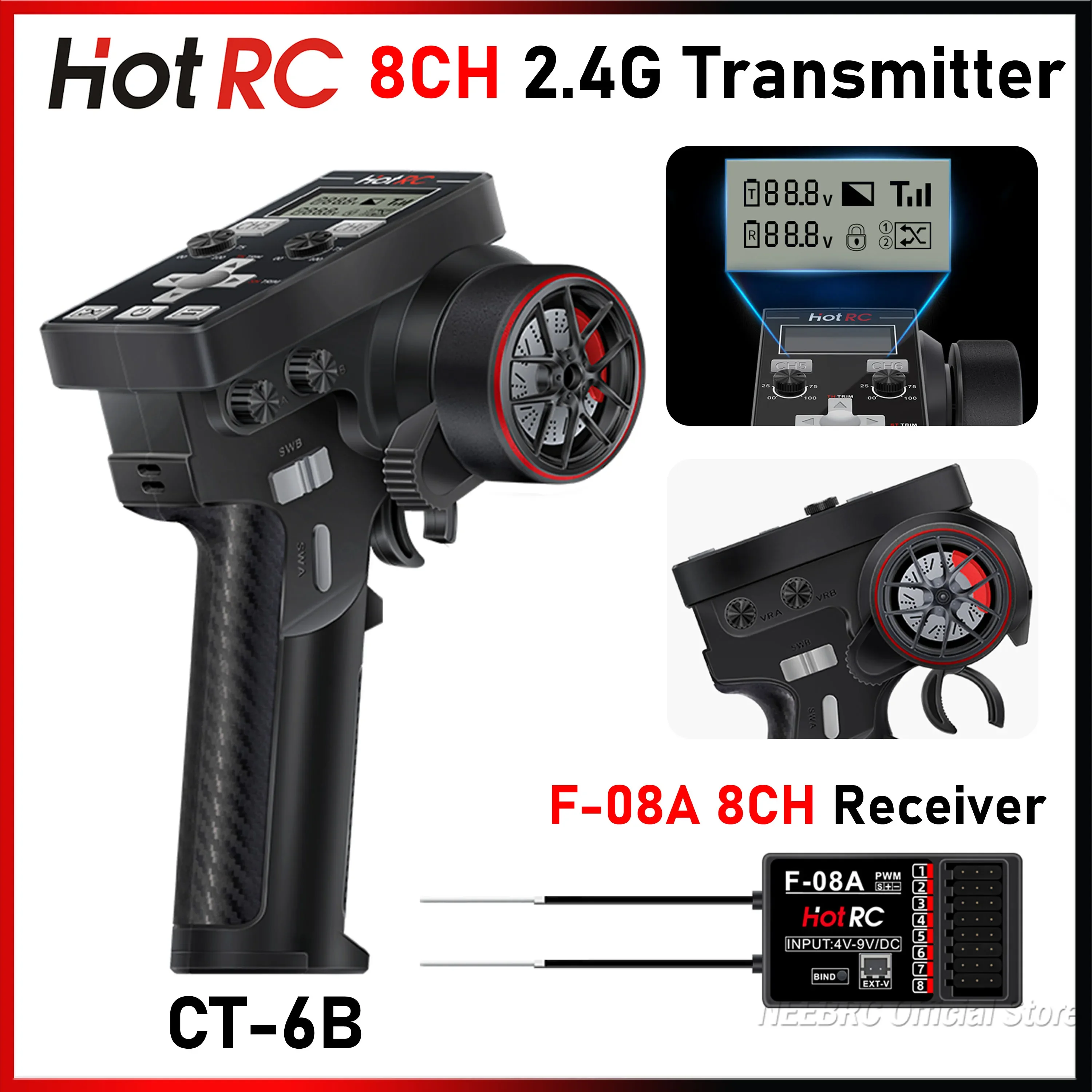 

HOTRC CT-6B 8CH 2.4G Transmitter LCD Remote Control Radio System F-08A Receiver Voltage Return for RC Ship Model Car Boat Tank