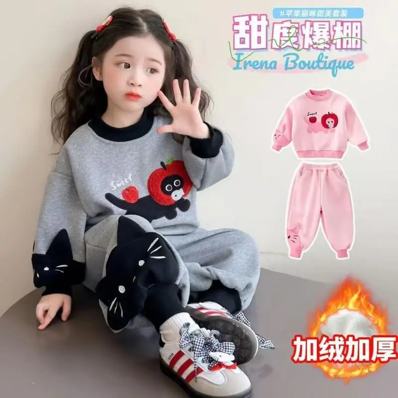 

Girls Fleece Lined Winter Two-Piece Set Sweet Fashionable Stylish Thickened Warm Cozy Outfit for Kids Casual Outerwear Clothing