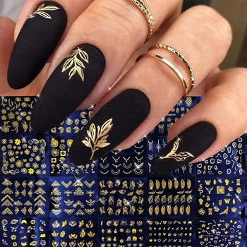 30 Sheets Golden Floral Nail Art Stickers - 3D Self-Adhesive Shimmering Leaf & Flower…