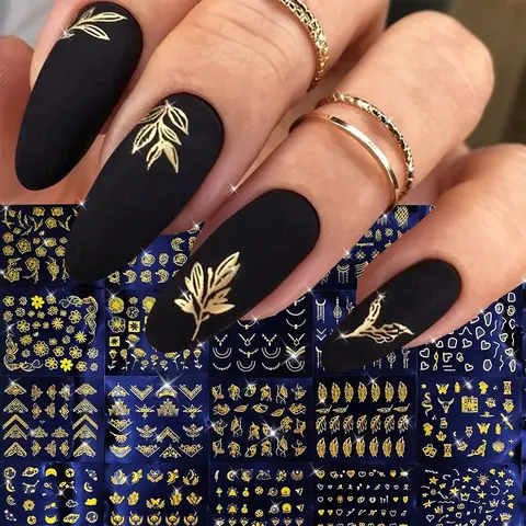 30 hojas de pegatinas florales doradas para decoración de uñas, diseños de hojas y flores brillantes autoadhesivos 3D para manicura DIY