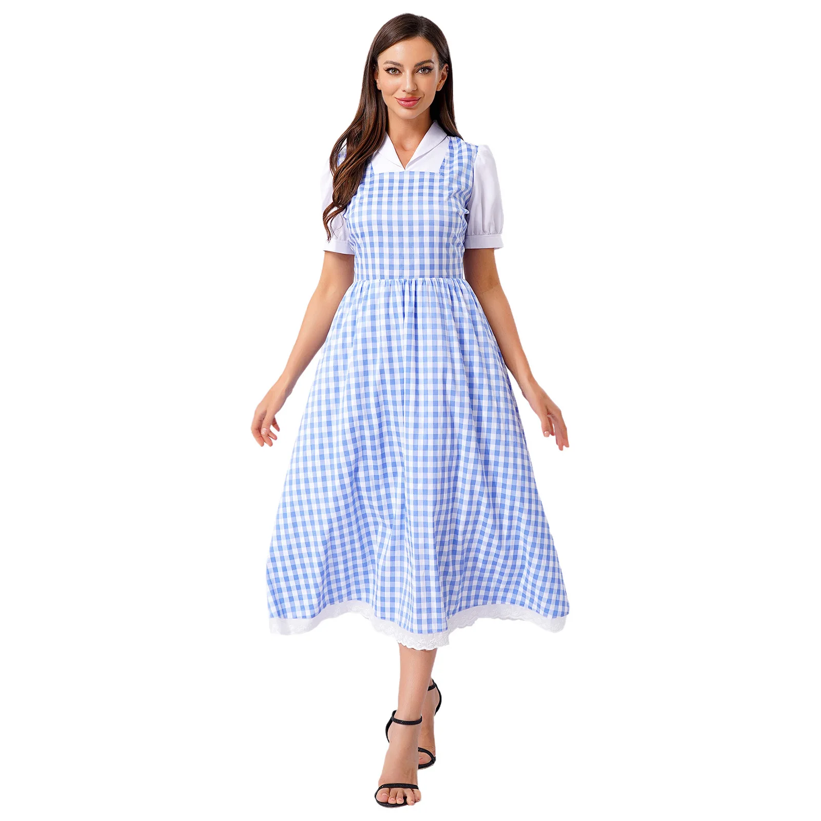 

Women Blue Gingham Dress for Fairytale Halloween Maid Cosplay Costume Carnival Party Gown Plaid Print Short Sleeve Long Dress