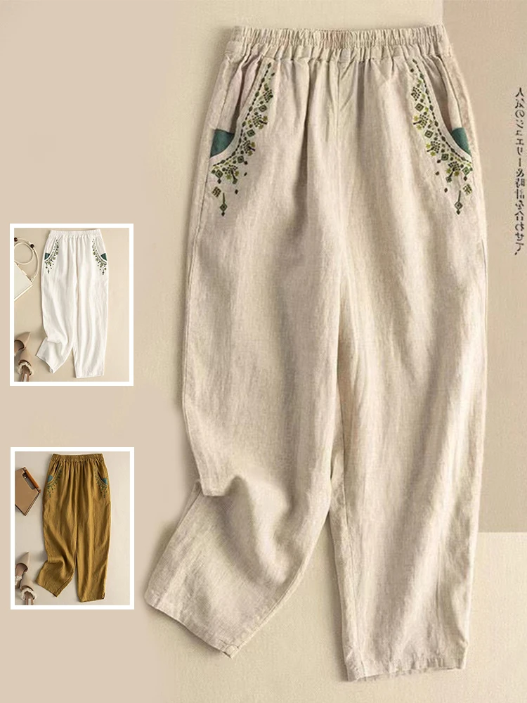 

Summer Vintage Cotton Linen Embroidered Harlan Pants Elastic Waist Versatile Casual Pants Linen Nine Points Thin Ladies plus ...